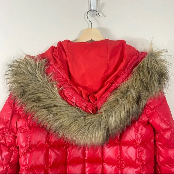 J. Crew Short Quilted Down Puffer Jacket with Faux Fur Trim Hood in Red - M - Picture 10 of 15